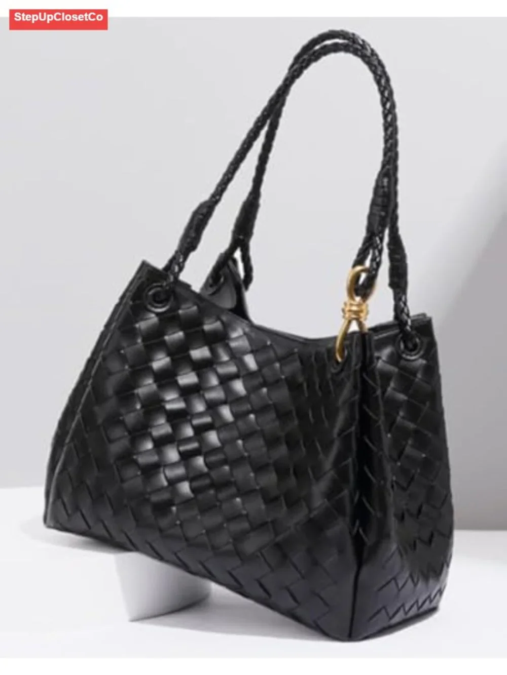 2 Pcs Slouchy PU Leather Woven Bucket Hobo Bags Women Underarm Shoulder